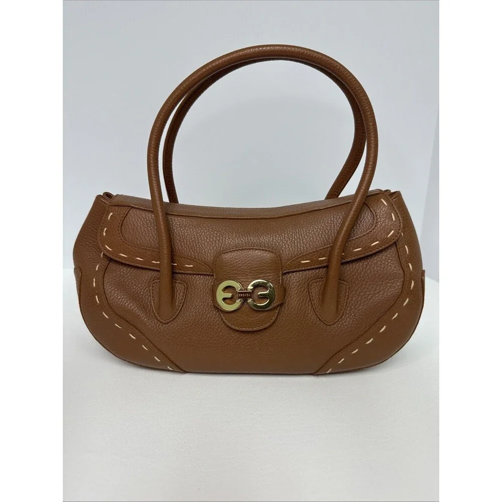 Escada Brown Pebble Leather Stitch Trim Front Flap Gold Hardware Satchel Handbag